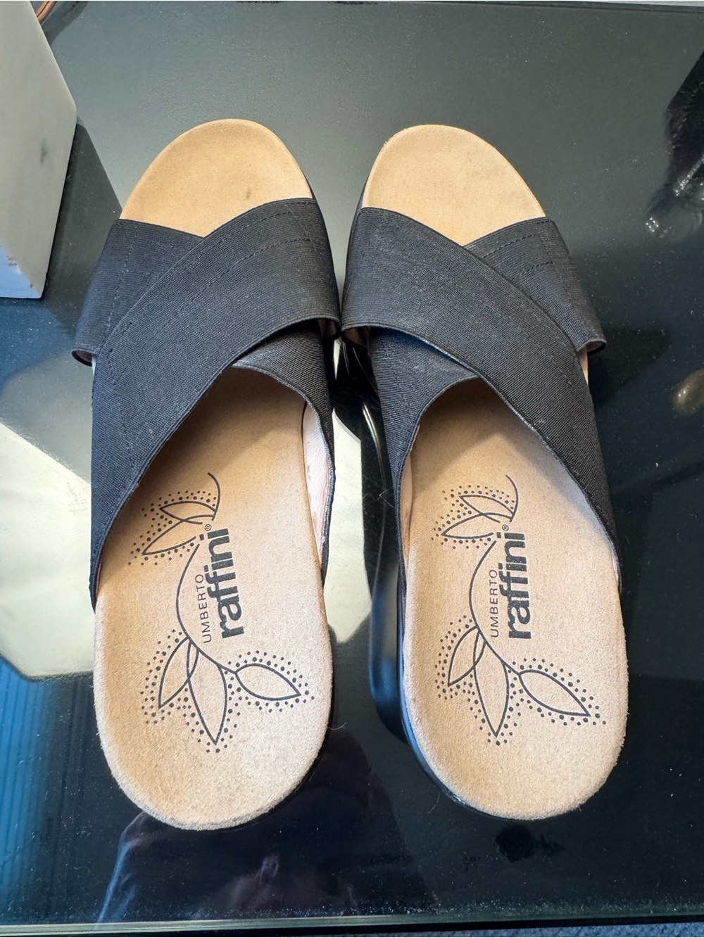 Umberto Raffini Black Cross-Band Slide Sandals with Tan Footbed